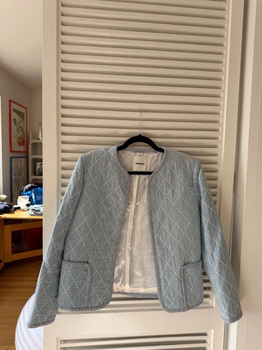 Sandro Light Blue Quilted Open-Front Jacket With Pockets Womens Size S Cotton Bl